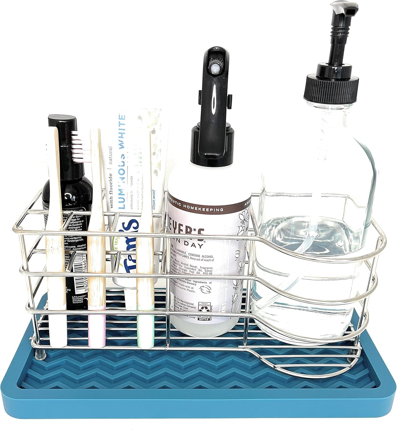 Happitasa Silicone Kitchen Sink Organizer Tray, Sponge Holder and Countertop Protector | Bathroom and Kitchen Soap Dish and Dispenser Tray (Grey, 10" X 5.25", 10.3 Ounces, Zigzag)