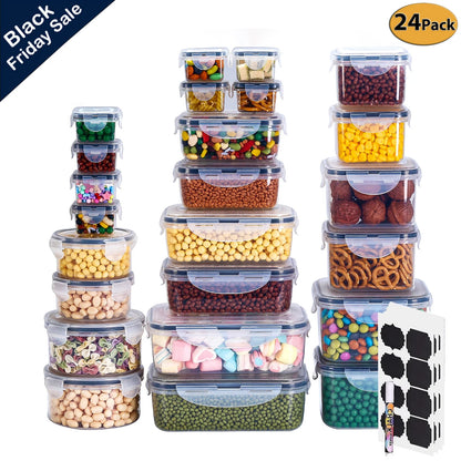24 Pack Airtight Food Storage Containers Set with Lids, Plastic Leak-Proof Canisters for Cereal Flour Sugar,Bpa Free Leak Proof Plastic Lunch Boxes(Labels & Marker)
